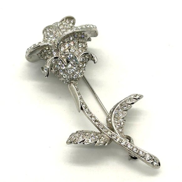 Nolan Miller Rose Brooch, 2002 Anniversary Silver-tone Pave Crystal Rhinestones. - Picture 2 of 16